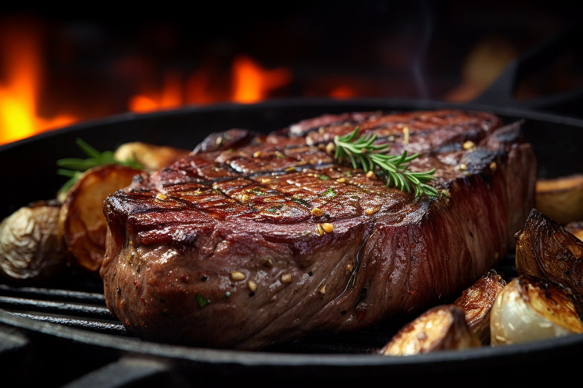 Picture of a cooked ribeye steak and baked potato in a frying pa