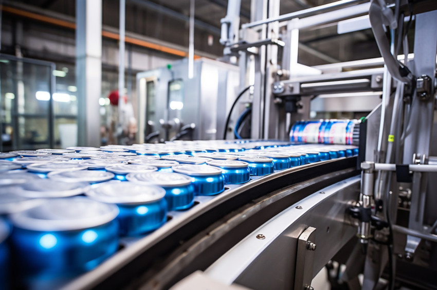 A picture of a conveyor belt moving thousands of aluminum drink