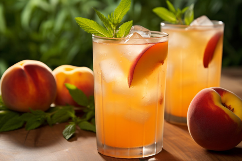 A picture of a cold lemonade made at home with juicy peaches and