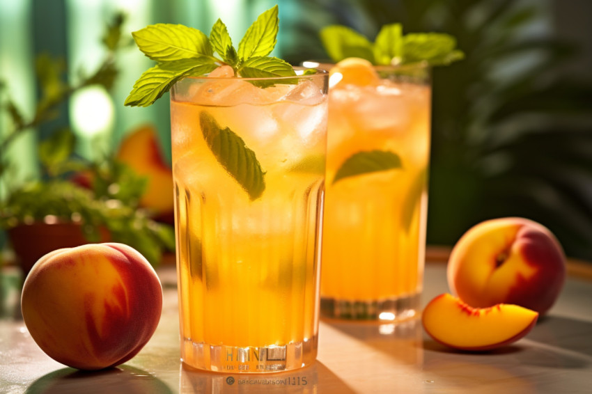 A picture of a cold lemonade made at home with juicy peaches and