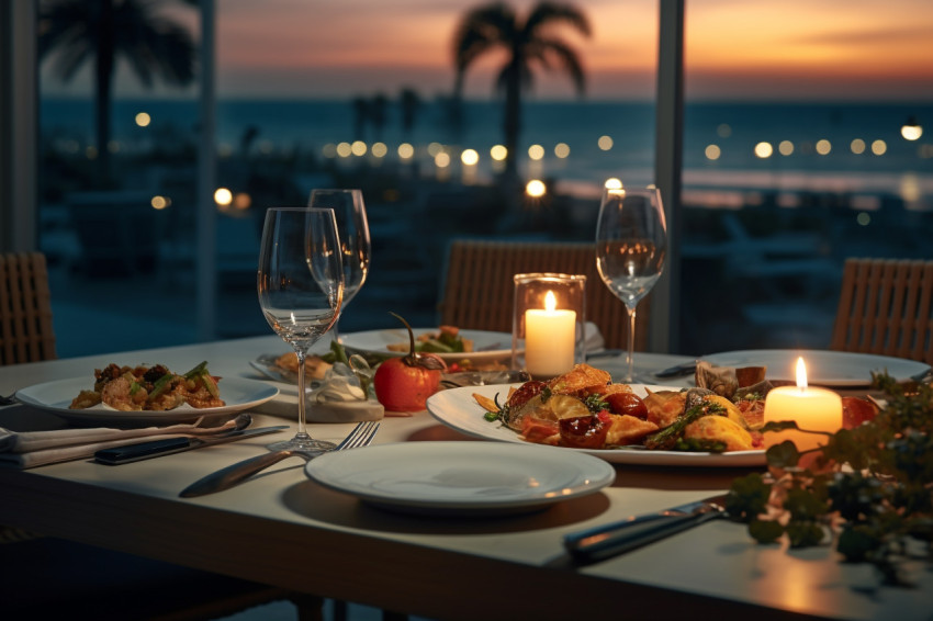 A picture of a meal eaten at a fancy hotel with a view of the oc