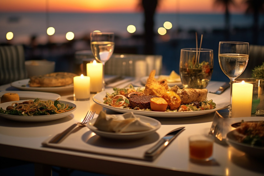 A picture of a meal eaten at a fancy hotel with a view of the oc