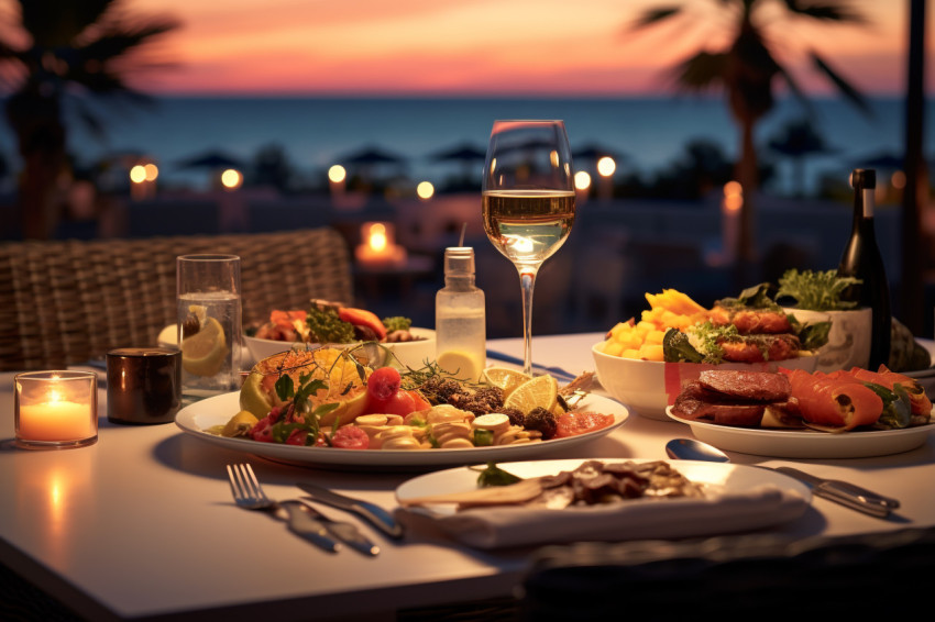 A picture of a meal eaten at a fancy hotel with a view of the oc