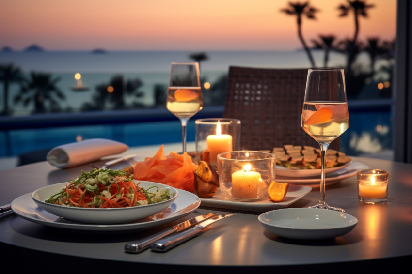 A picture of a meal eaten at a fancy hotel with a view of the oc