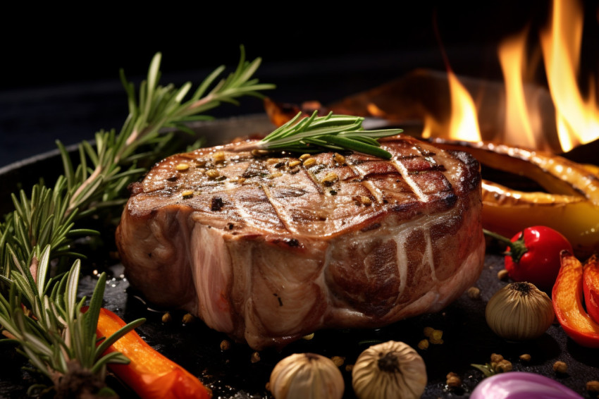 A picture of a cooked piece of veal meat with rosemary and veget