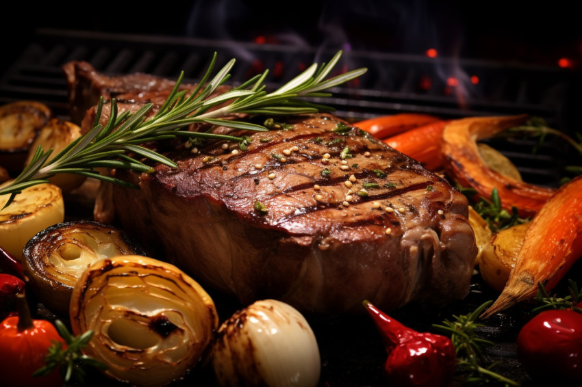 A picture of a cooked piece of veal meat with rosemary and veget