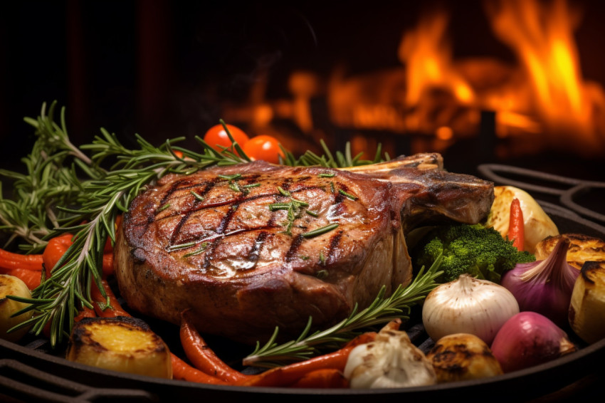 A picture of a cooked piece of veal meat with rosemary and veget