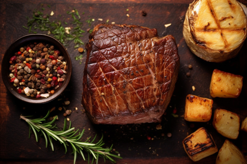 A picture of a grilled beef fillet mignon steak and a roasted po