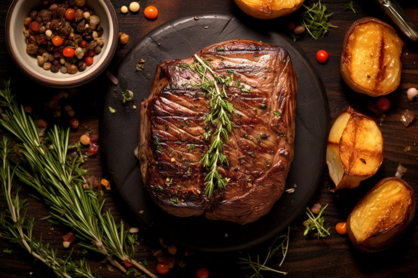 A picture of a grilled beef fillet mignon steak and a roasted po