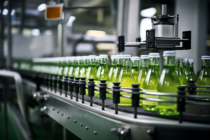 A picture of the inside of a beverage factory showing the machin