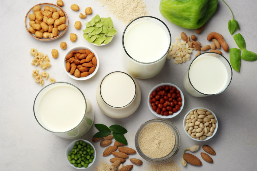 A picture of different vegan plant milks and their ingredients