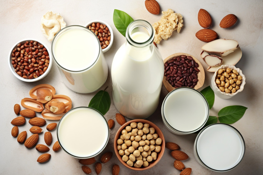 A picture of different vegan plant milks and their ingredients