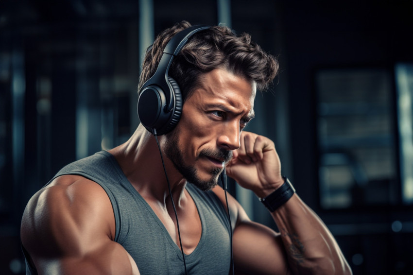 A photo of a man working out at home while wearing sports headphones