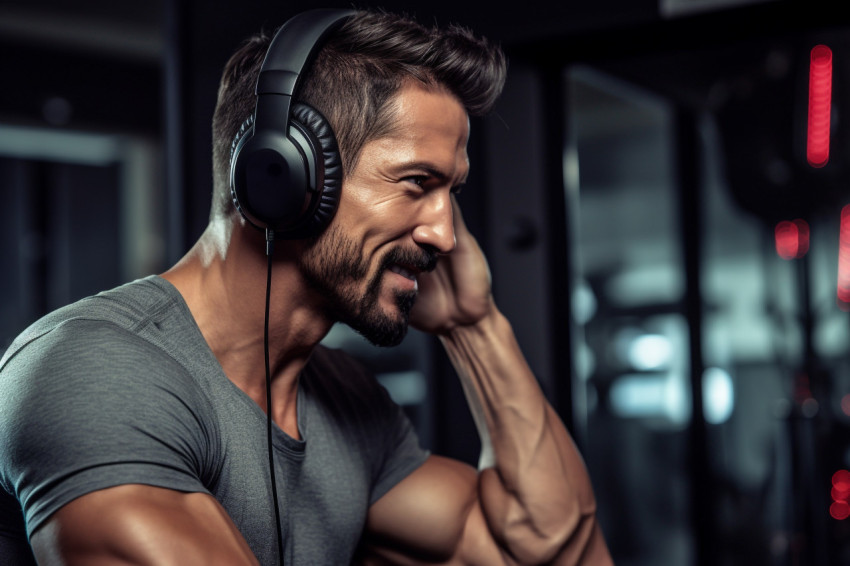 A photo of a man working out at home while wearing sports headphones