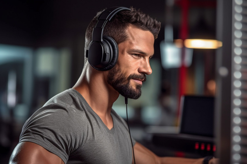 A photo of a man working out at home while wearing sports headphones