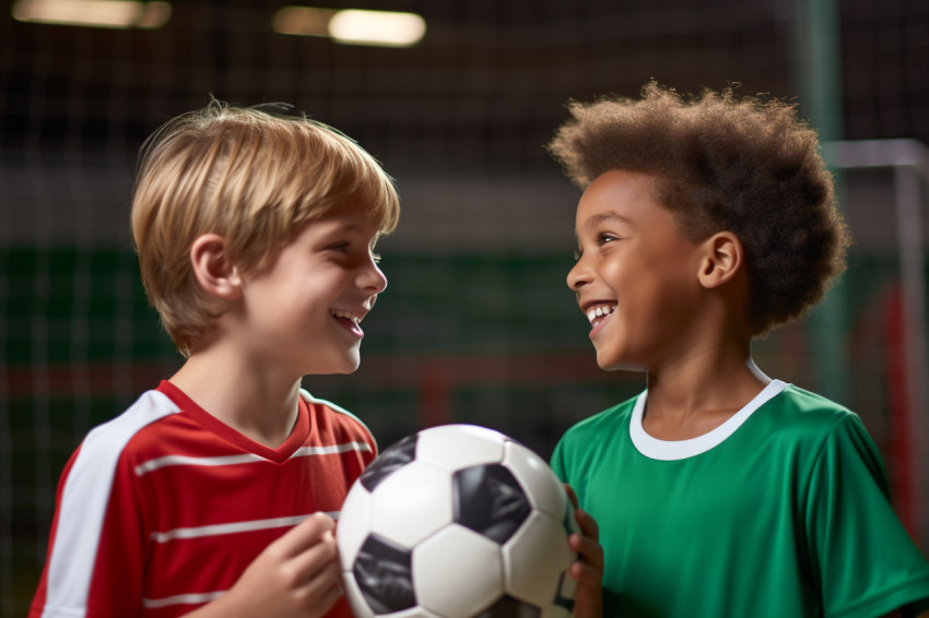 A picture of two athletic young boys playing in the goalposts on an indoor basketball court