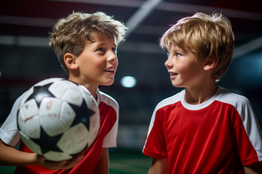 A picture of two athletic young boys playing in the goalposts on an indoor basketball court