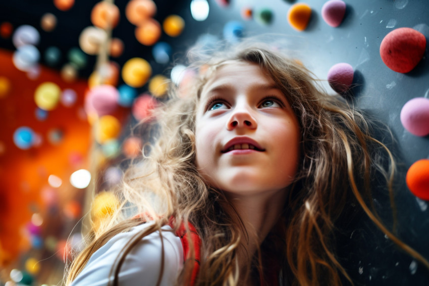 A picture of a young girl climbing indoors on a wall with handholds