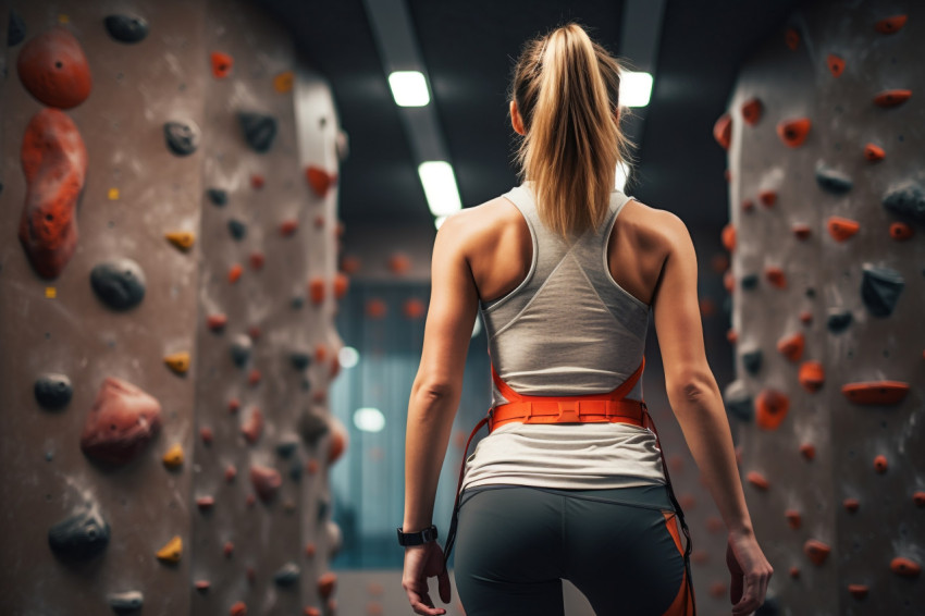 A photo of a woman climbing indoors