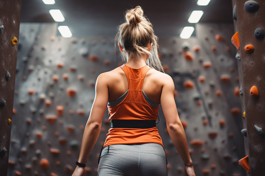 A photo of a woman climbing indoors