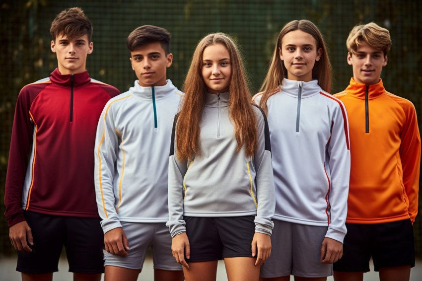 A picture of a group of young athletic people standing against a wall