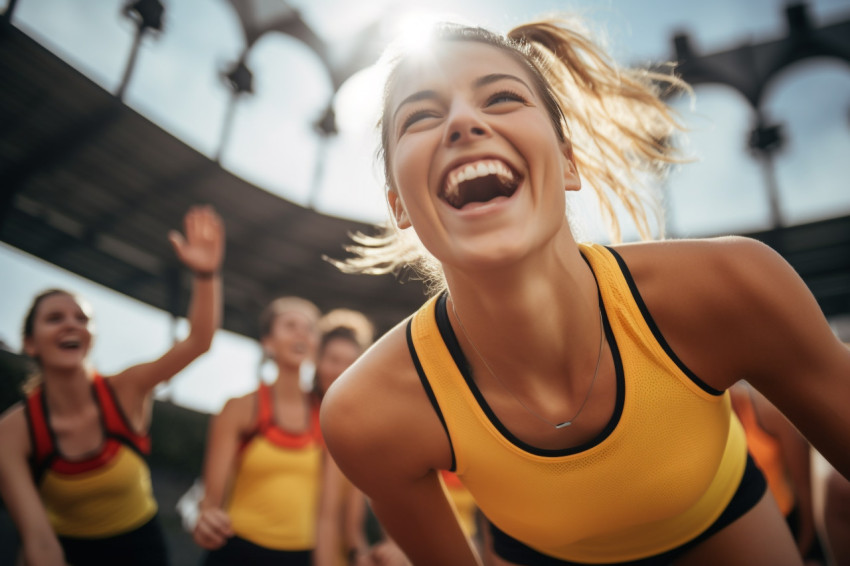 A photo of female athletes looking happy and having fun on a sports court