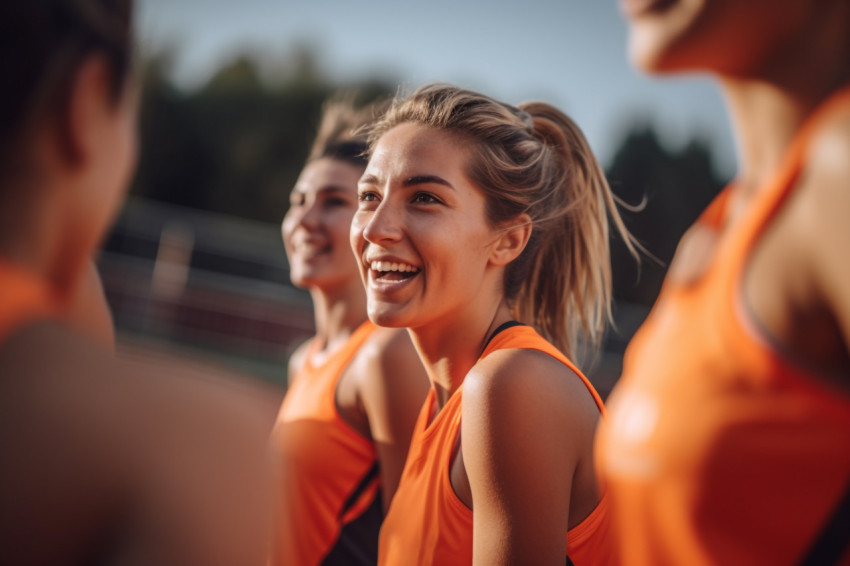 A photo of female athletes looking happy and having fun on a sports court