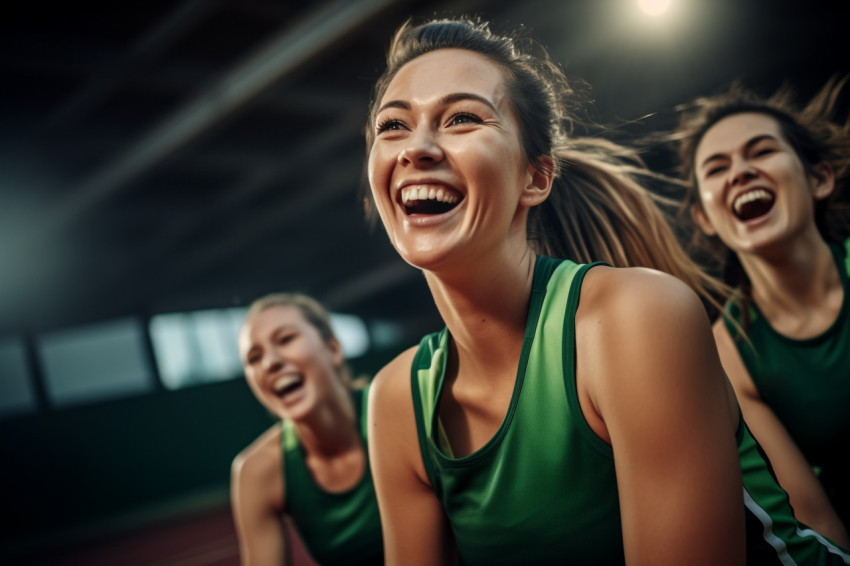 A photo of female athletes looking happy and having fun on a sports court