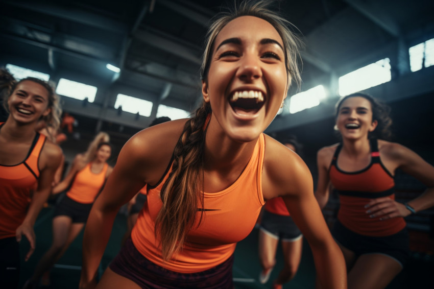 A photo of female athletes looking happy and having fun on a sports court