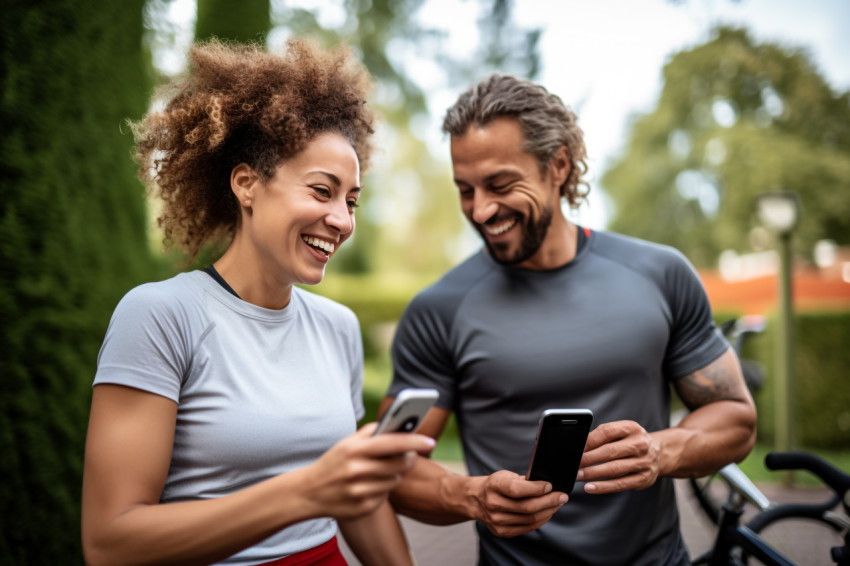 A photo of a happy couple using a smartphone to exercise at home