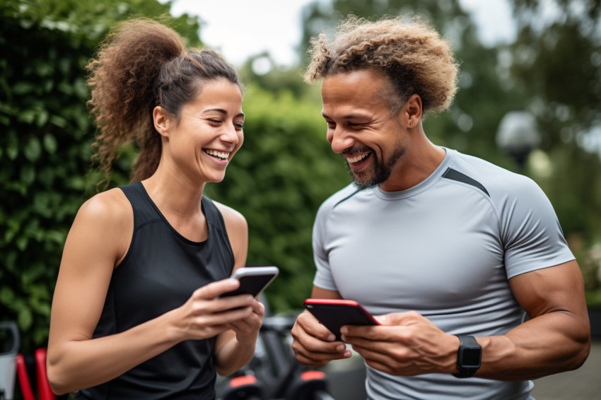 A photo of a happy couple using a smartphone to exercise at home