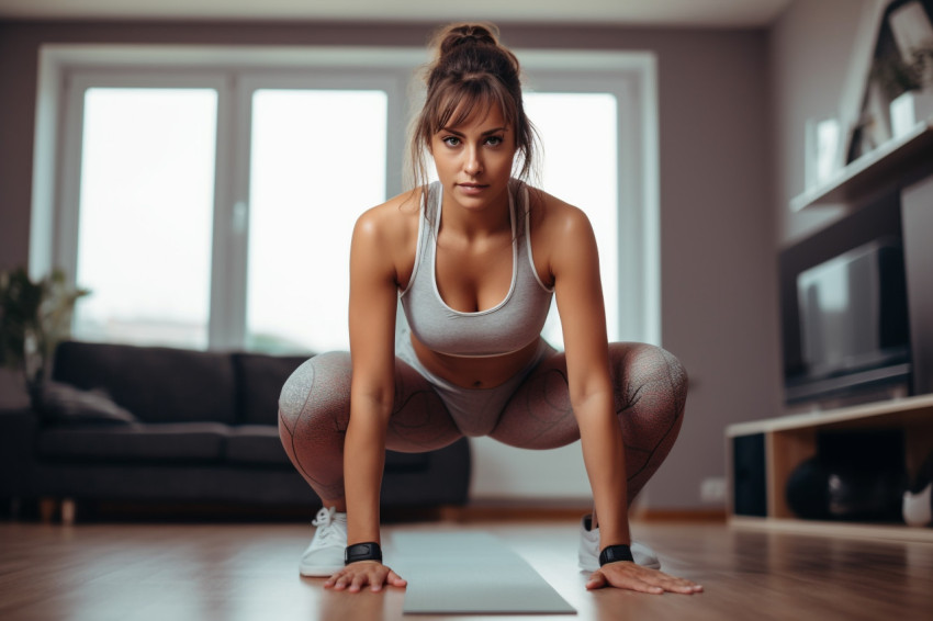 A picture of a fit woman in workout clothes doing stretching exercises at home in the living room