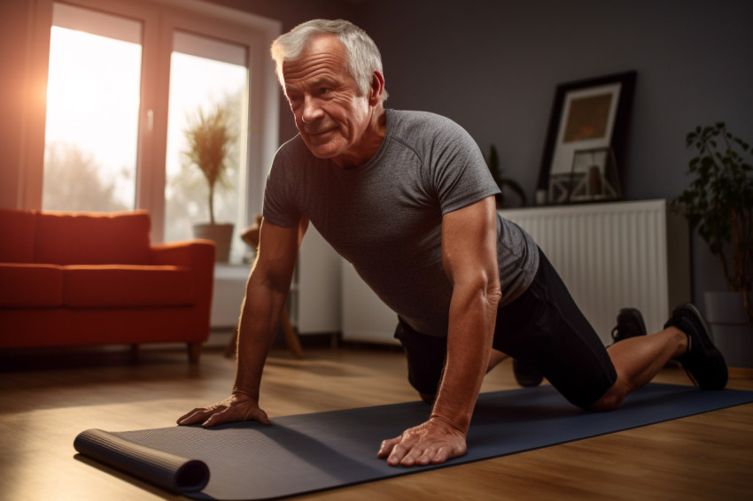 A photo of a muscular and healthy older man working out on a yoga mat at home in the morning