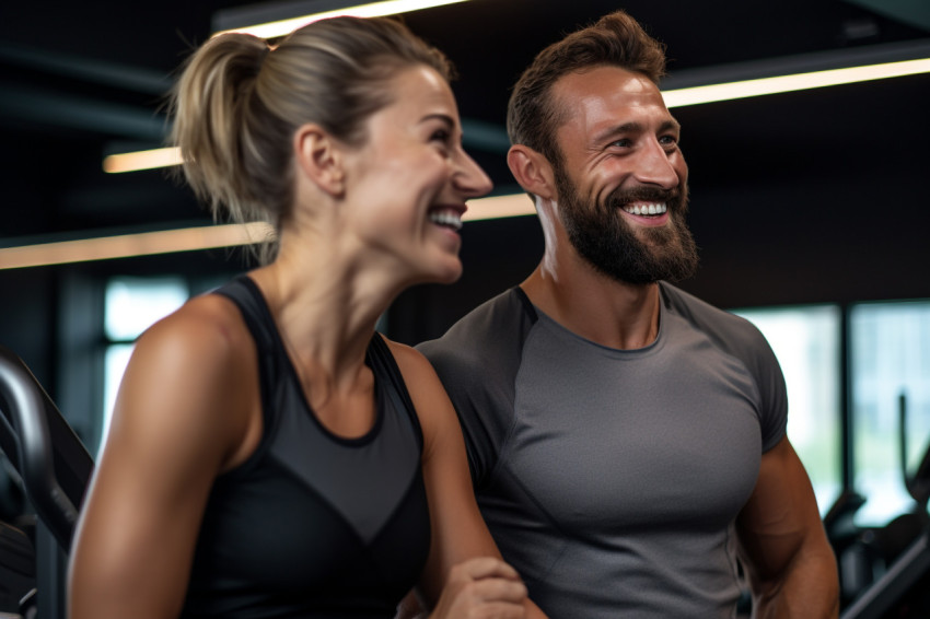 A picture of a fit couple showing off their muscles after exercising at the gym and smiling at the camera