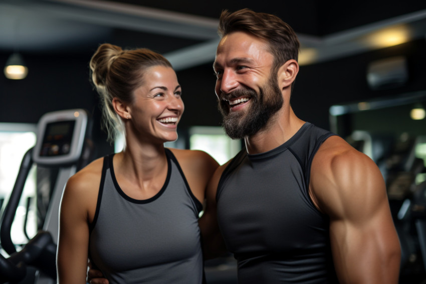 A picture of a fit couple showing off their muscles after exercising at the gym and smiling at the camera