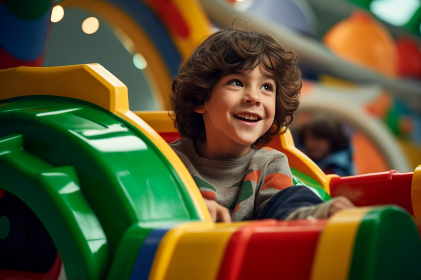 A photo of children riding down slides in an indoor playground