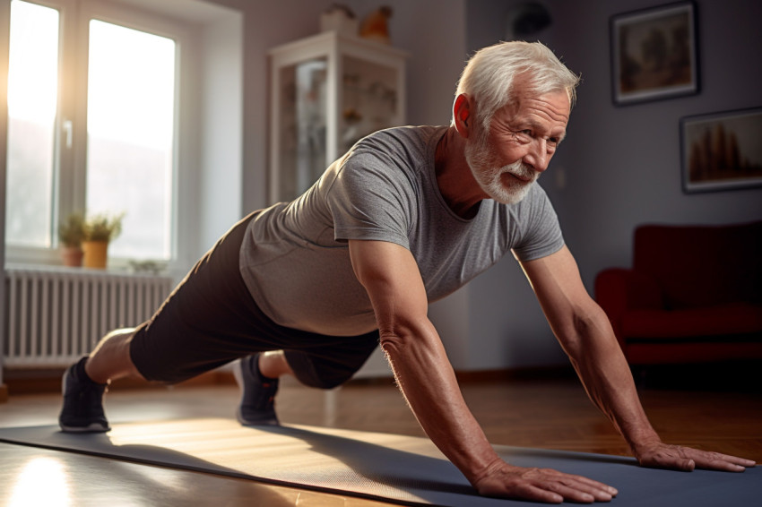 A photo of a muscular and healthy older man working out on a yoga mat at home in the morning