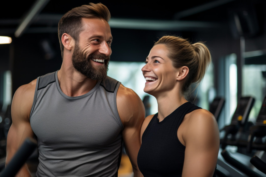 A picture of a fit couple showing off their muscles after exercising at the gym and smiling at the camera