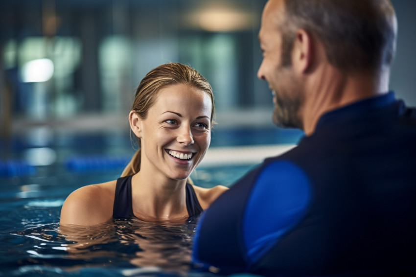 A picture of a woman swimming instructor teaching a man how to swim in a swimming pool