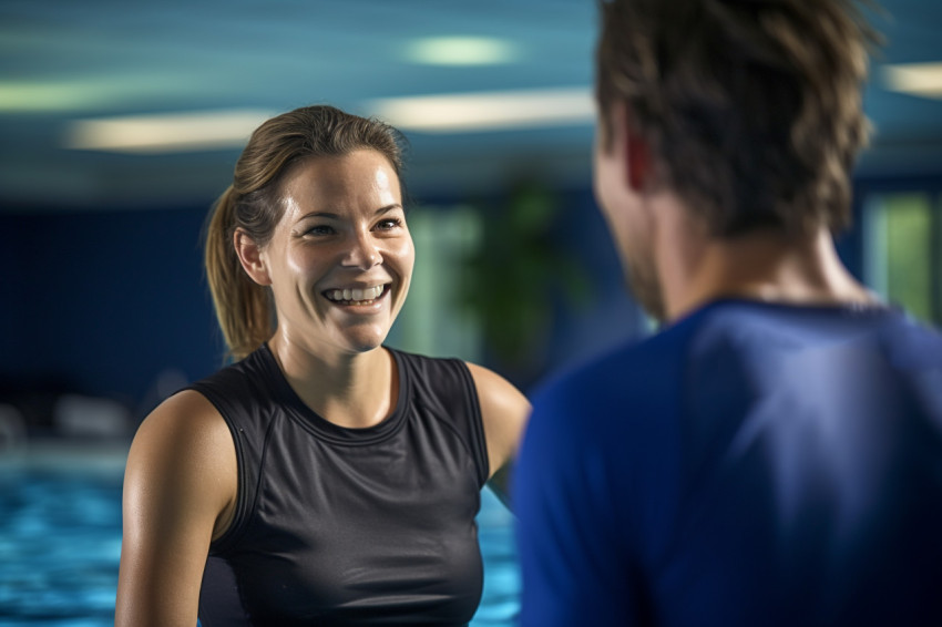 A picture of a woman swimming instructor teaching a man how to swim in a swimming pool