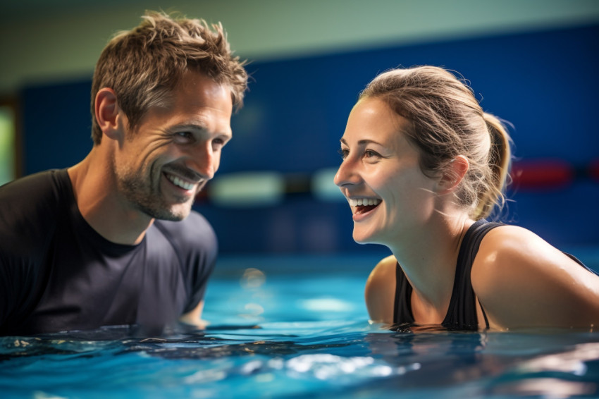 A picture of a woman swimming instructor teaching a man how to swim in a swimming pool