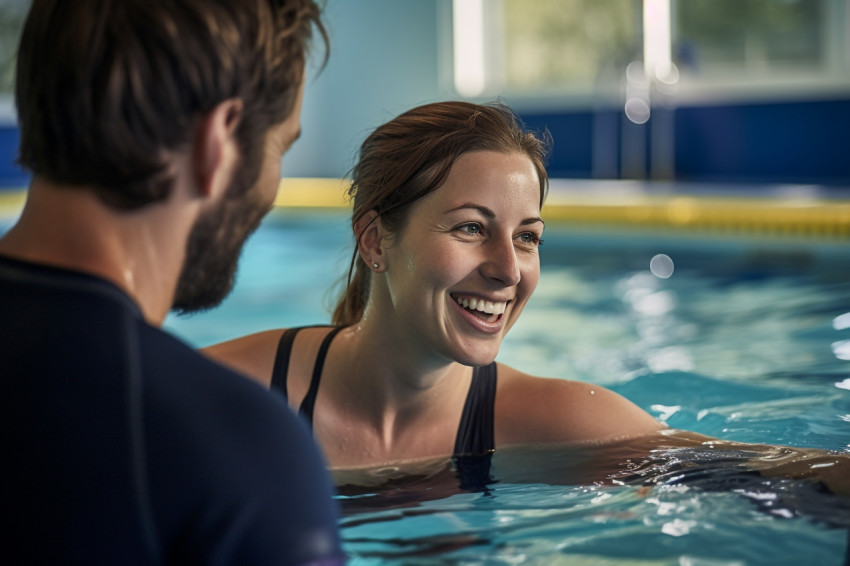 A picture of a woman swimming instructor teaching a man how to swim in a swimming pool