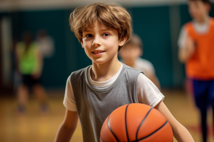 A picture of a young school child dribbling a basketball in gym class