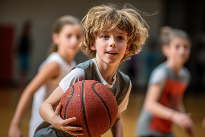 A picture of a young school child dribbling a basketball in gym class