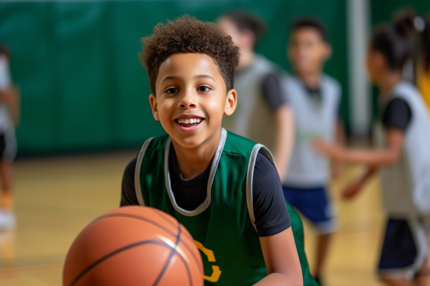 A picture of a young school child dribbling a basketball in gym class