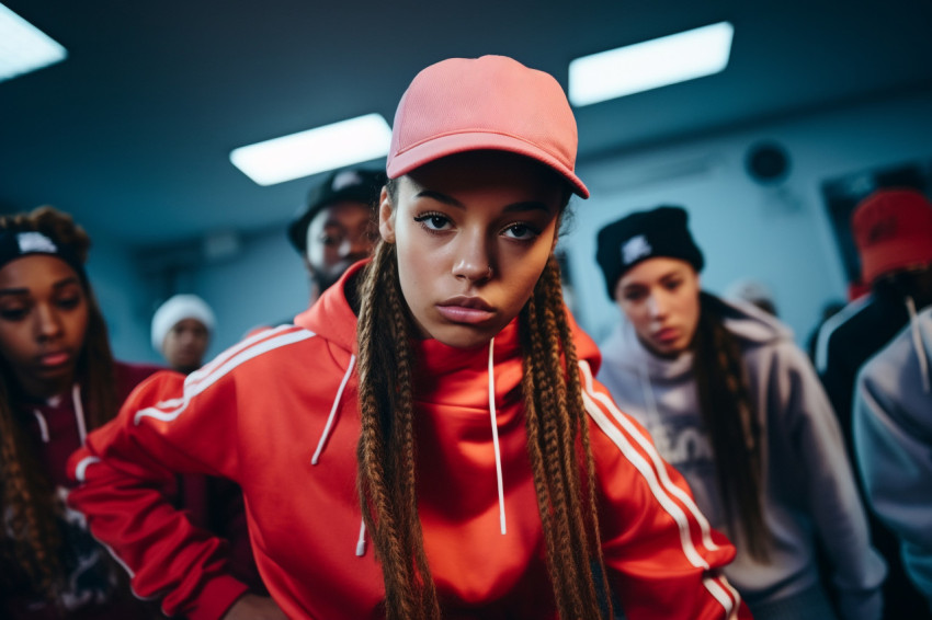 A picture of teenage hip hop dancers who are paying attention and working hard during their group dance class