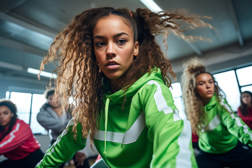 A picture of teenage hip hop dancers who are paying attention and working hard during their group dance class