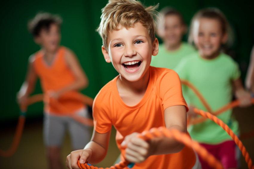 A picture of happy children wearing gym clothes pulling on a rope in a gym