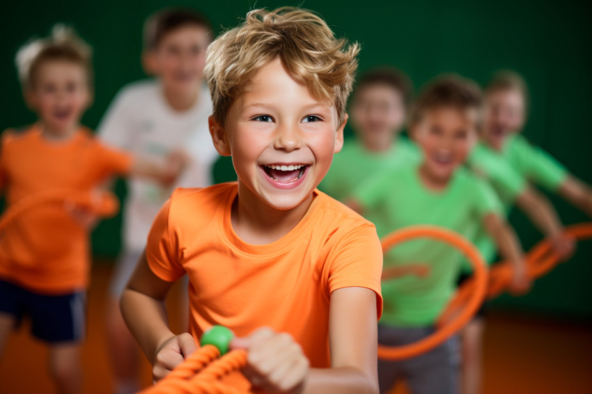 A picture of happy children wearing gym clothes pulling on a rope in a gym