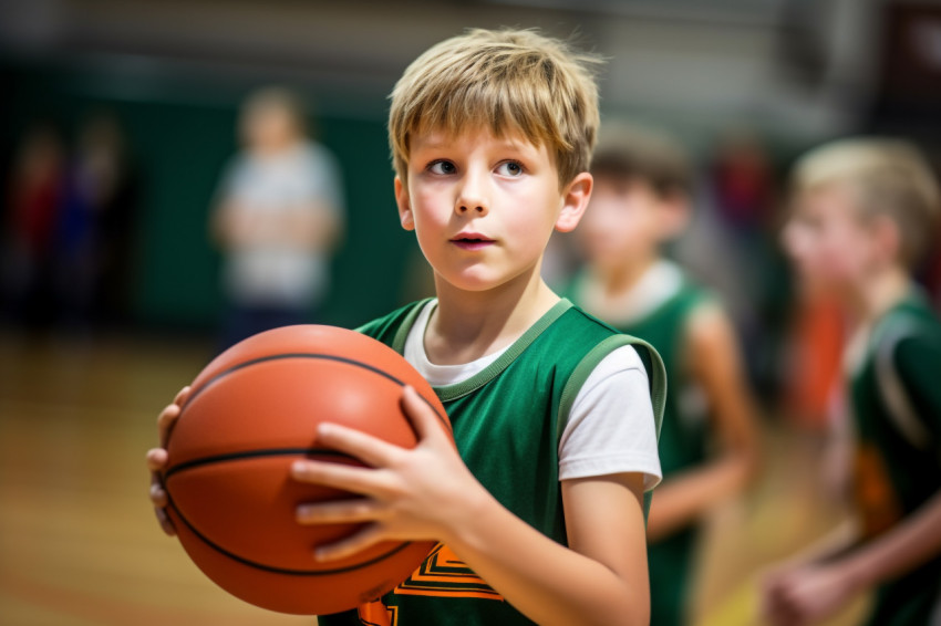 A picture of a young boy playing basketball in a gym